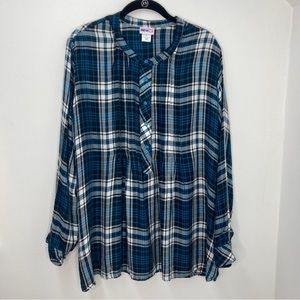 American Sweetheart Blue Plaid Print Long Sleeve Pop Over Blouse Womens  Size XL
